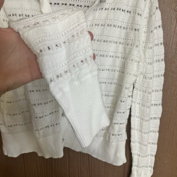 Loft‎ Open Knit Textured Button Up Cardigan Sweater Size Large White Ribbed Trim - Picture 5 of 6